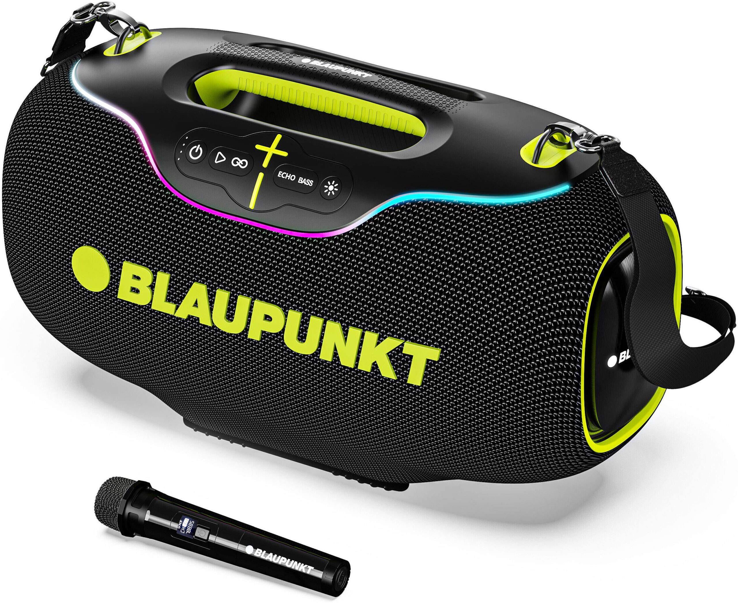 Blaupunkt Atomik Knightz 45K | Advanced DSP Tech I 27,000mAh I Neon Lights I Wireless Mic 450 W Bluetooth Party Speaker  (Black, 2.0 Channel)